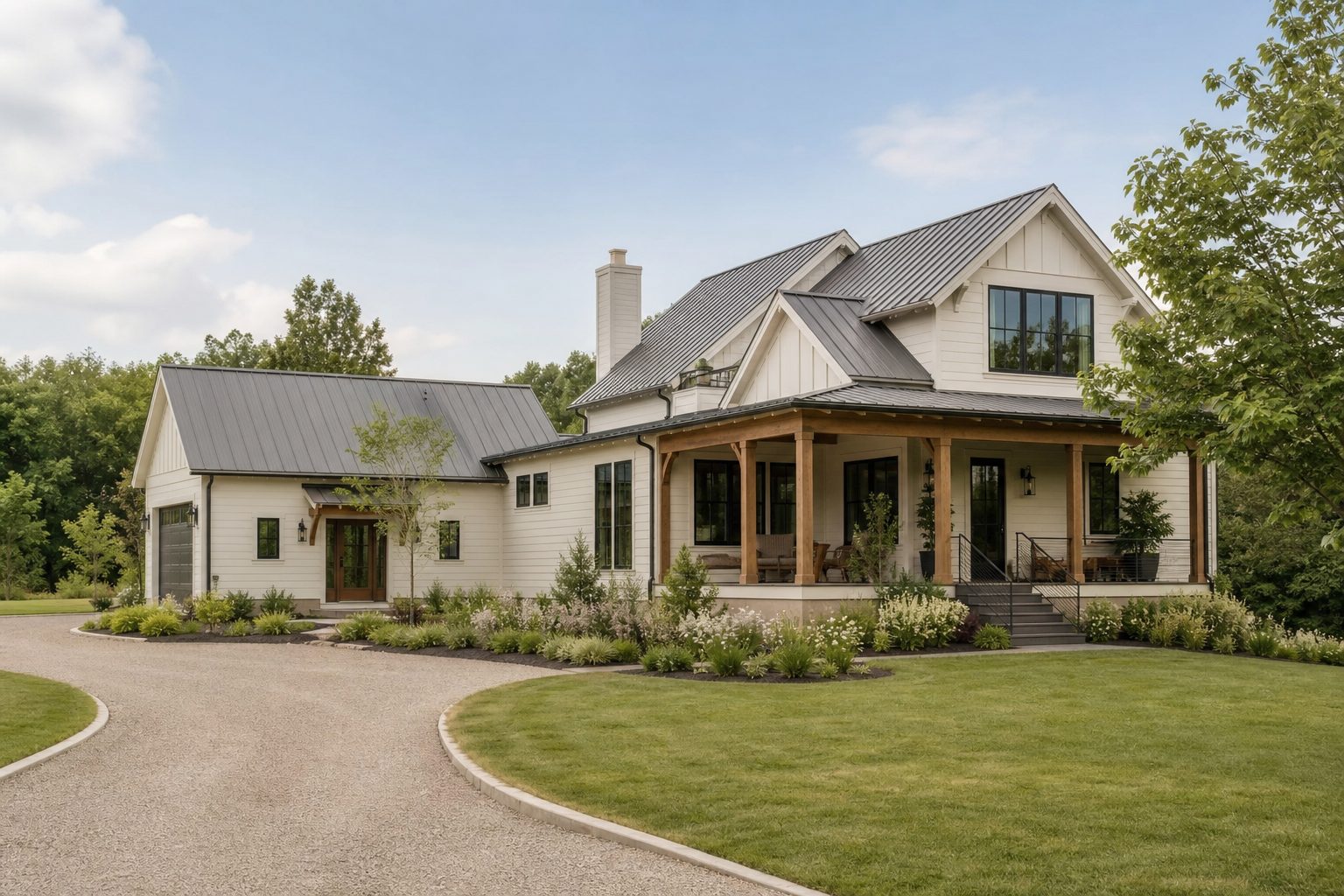 A tidy residential house exterior with clear sky and landscaping, shown wide and eye-level